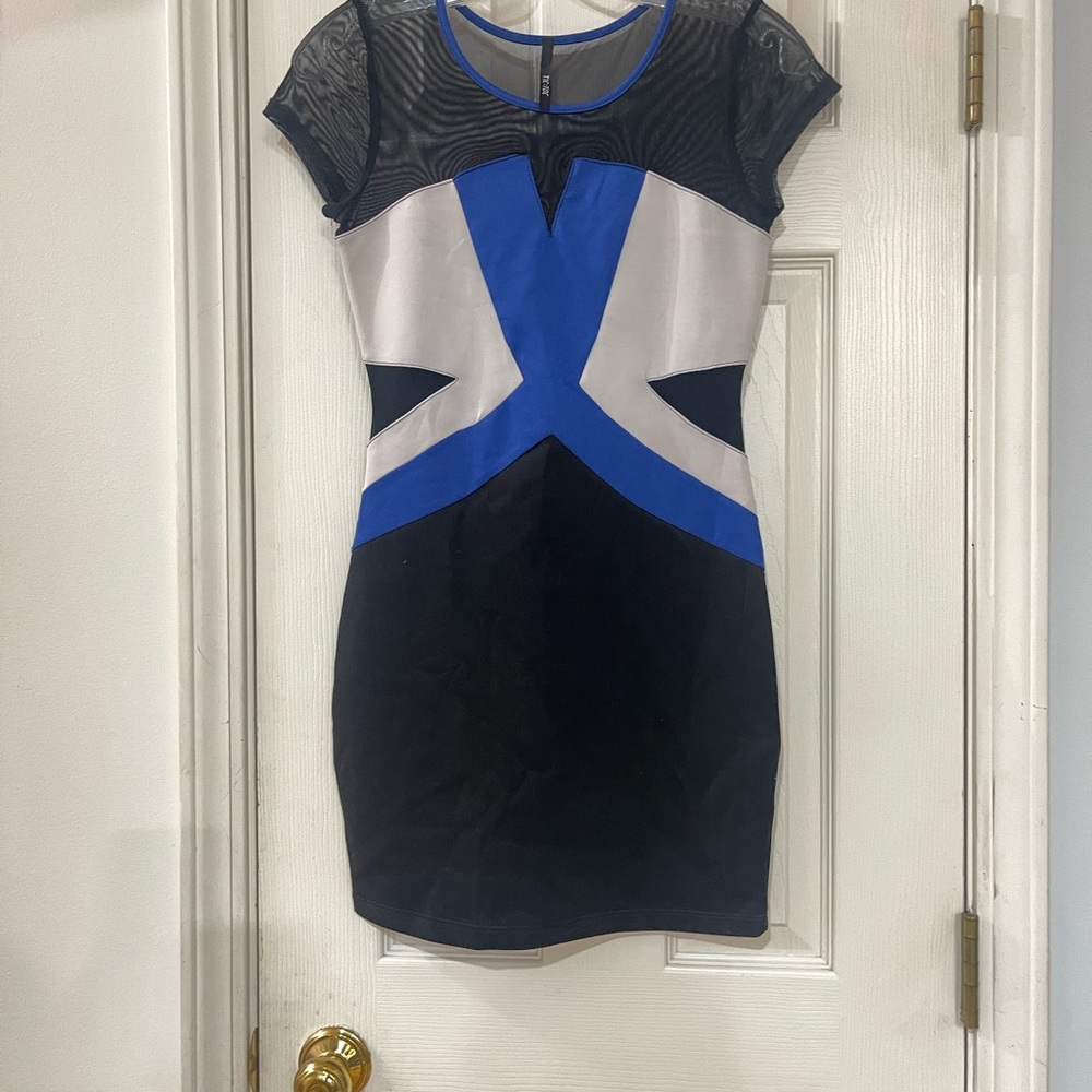 Colorblock Mini Dress with Mesh Yoke - Blue, Black & White